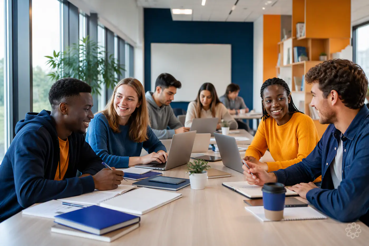 Groupe d’étudiants dans un espace de travail lumineux